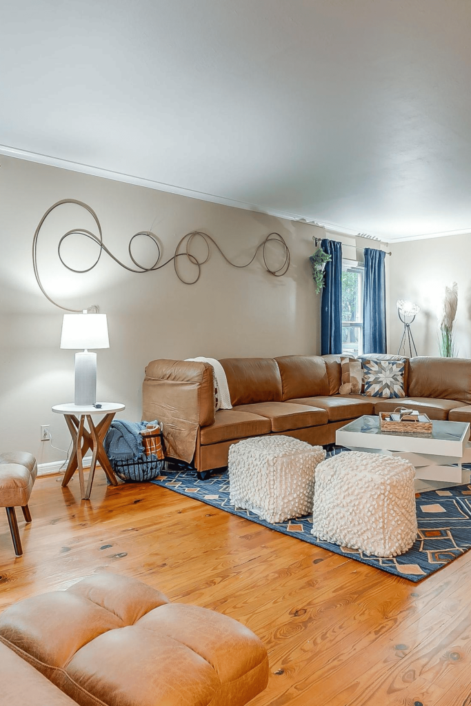 spiral cowboy rope on wall of room with a couch