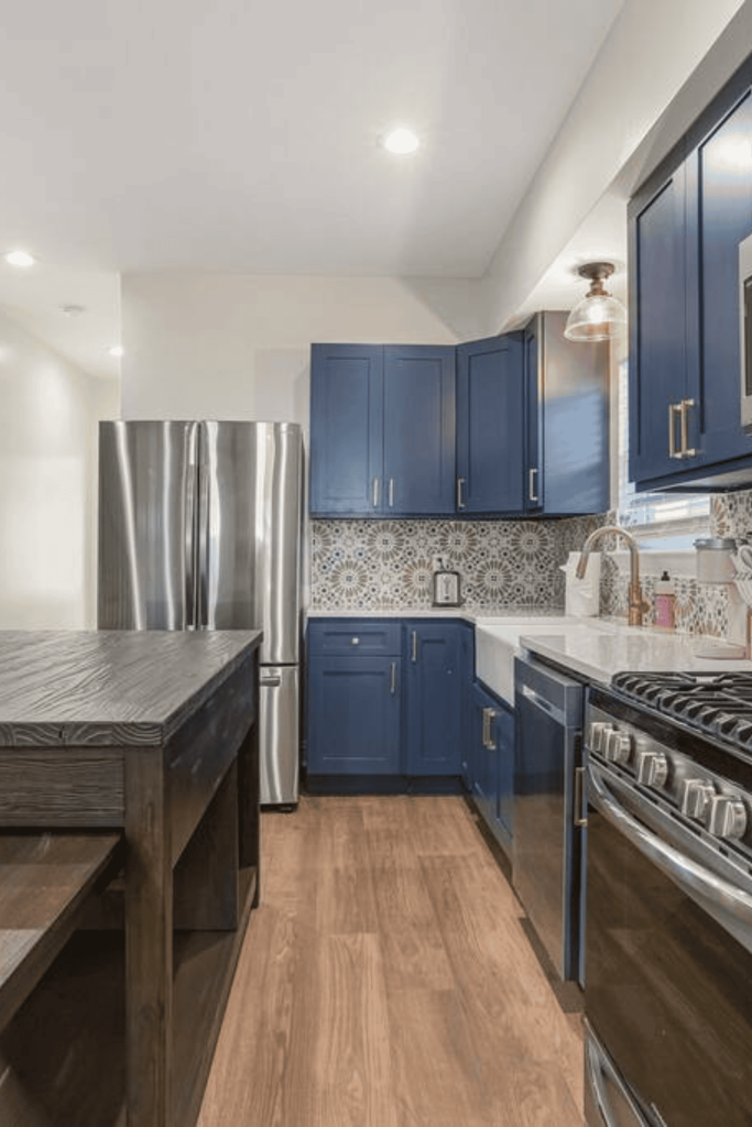 kitchen with blue cabinets